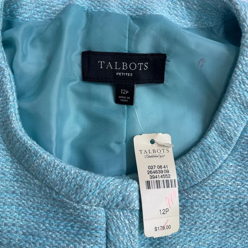 Talbots Tweed Blazer Jacket Women's 12P Turquoise Blue Old Money Career Office